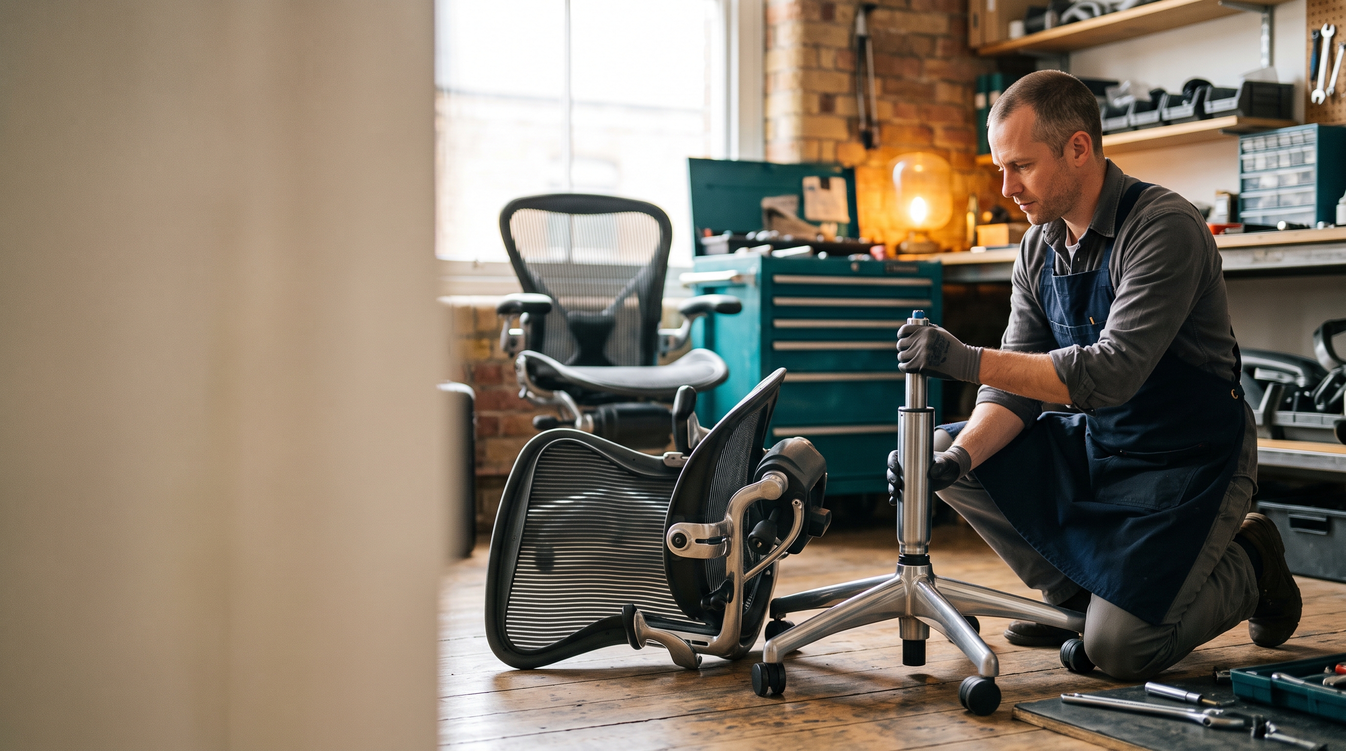 Technician replacing the gas lift on a Herman Miller Aeron chair in a London workshop