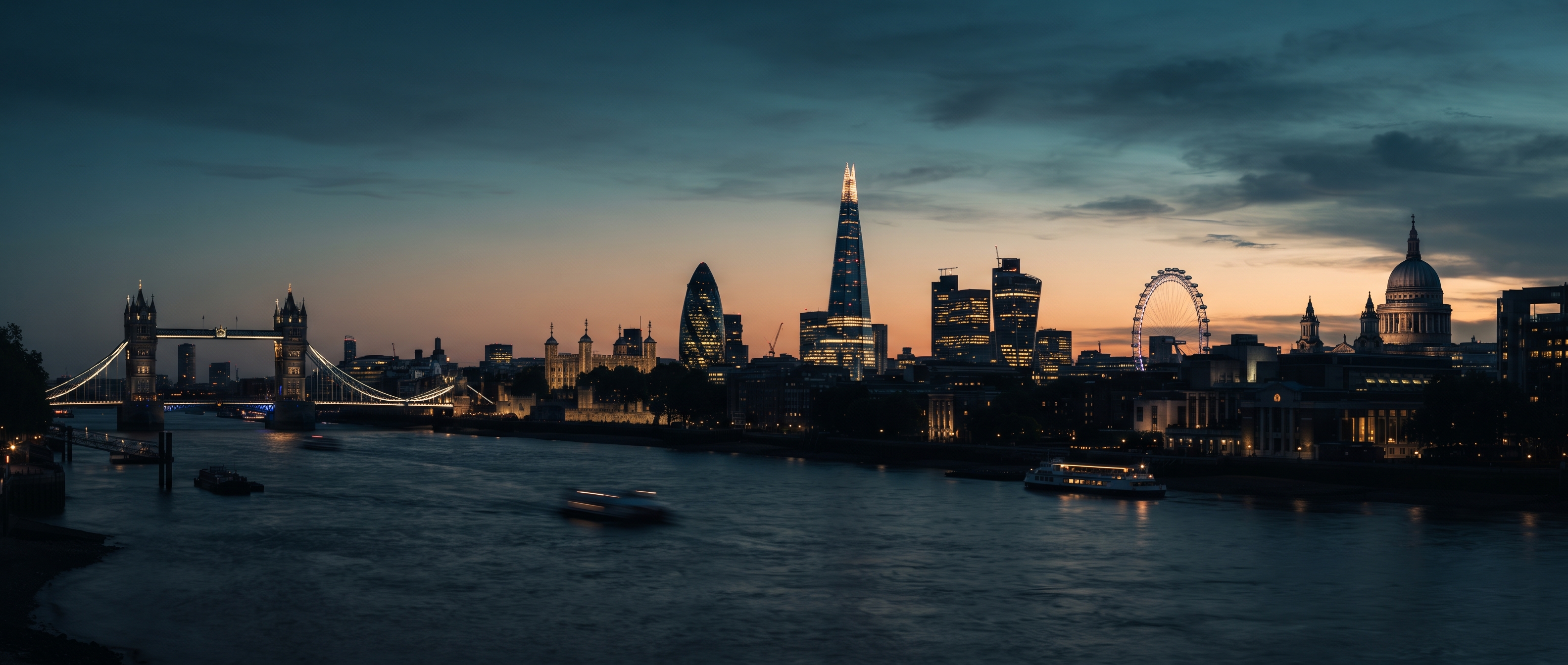 London skyline at dusk along the River Thames